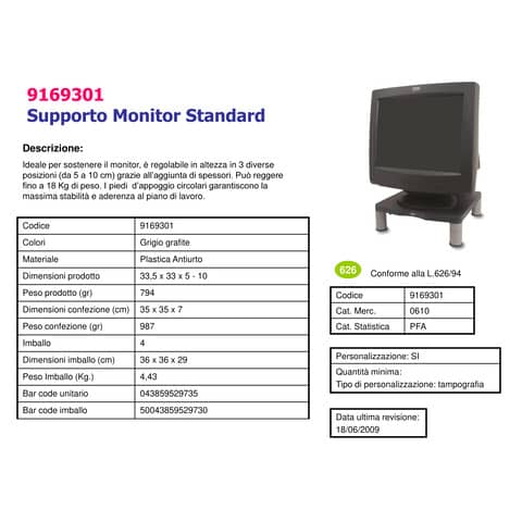 Supporto FELLOWES per monitor standard plastica grafite 10x33x34 cm 9169301